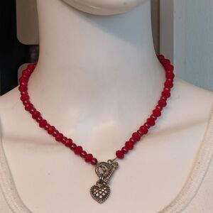 Red sparkly AB rhinestone heart toggle necklace